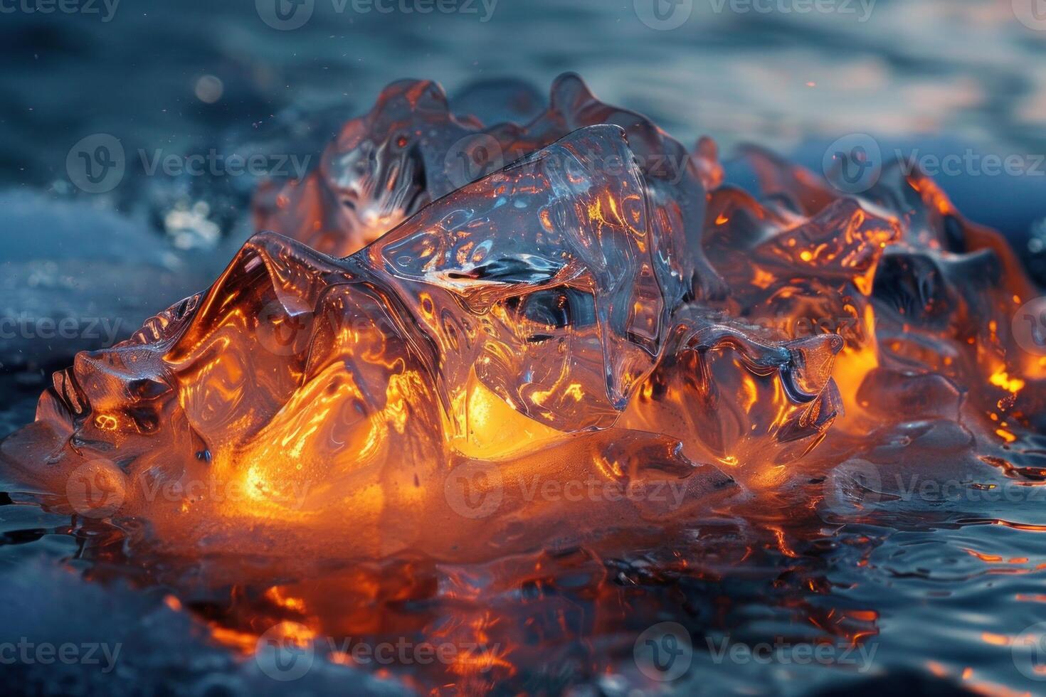Close up of an iridescent iceberg chunk, illuminated by warm light on water at dusk photo