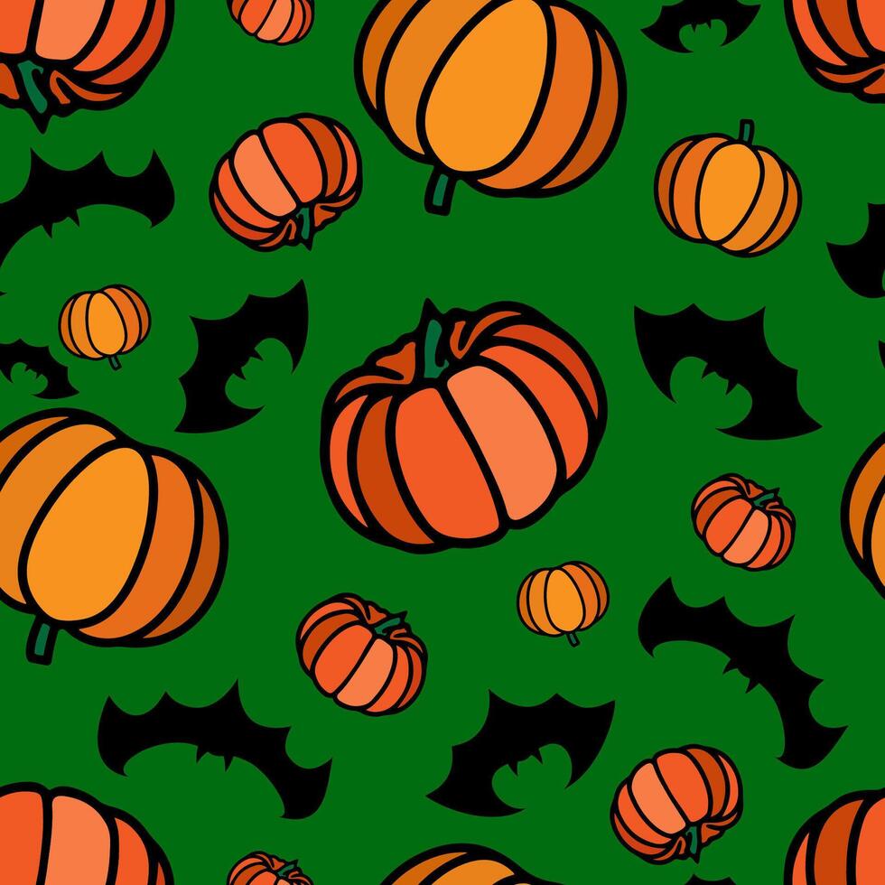 Autumn Pumpkin pattern with Halloween flyinf bats. Thanksgiving vegetable seamles print. vector