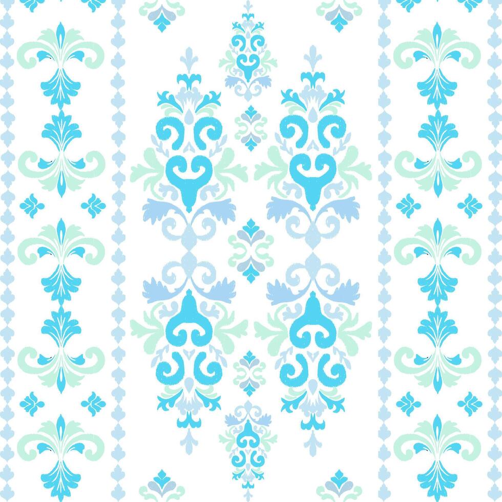 Classic Motif ikat seamless pattern with floral in blue and green for interior and textiles vector