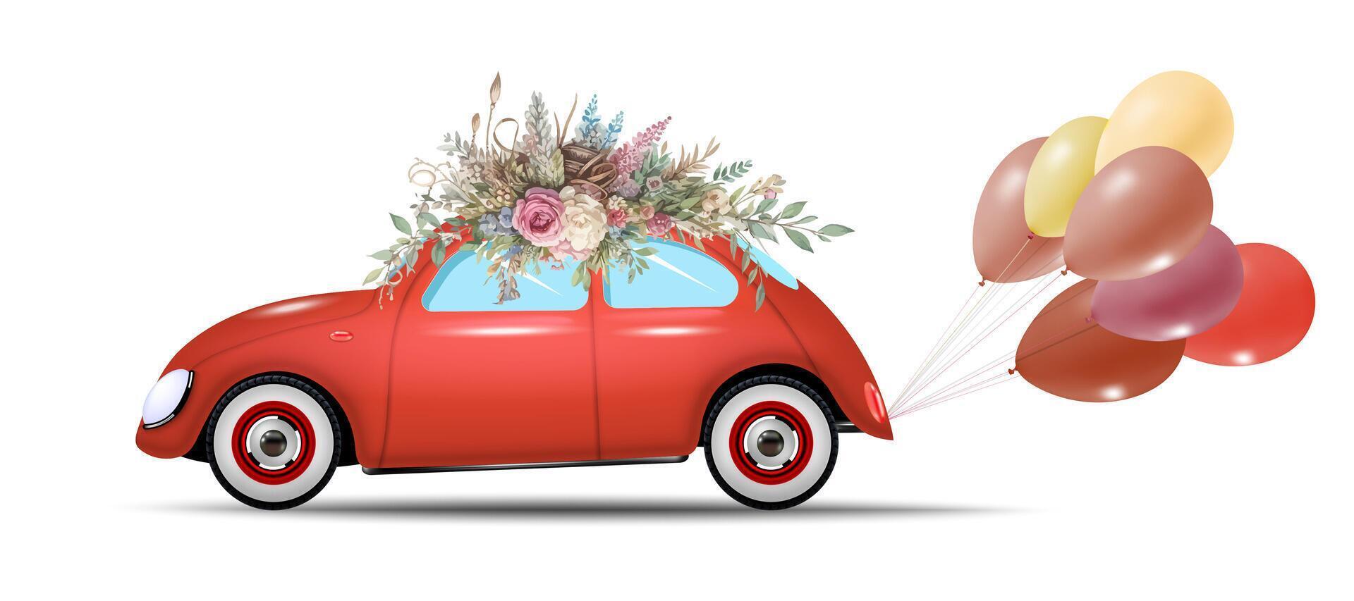 A red retro car with a bouquet of red helium balloons and festive flowers on a white background. illustration vector