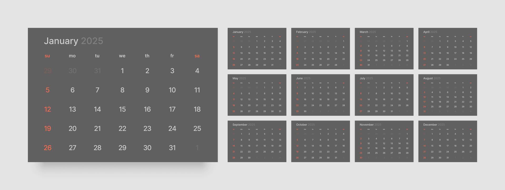 Monthly calendar template for 2025 year. Wall or desk calendar in dark color. Week Starts on Sunday. vector