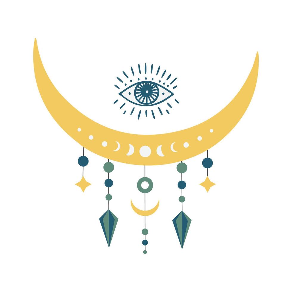 Crescent moon with eye and stars. Alchemy mystical magic celestial talisman. Boho style. illustration vector