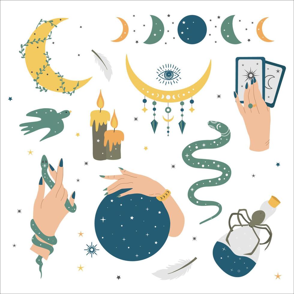 Set of magic elements. Moon, stars, crescent, magic wand, runes, divination. illustration vector