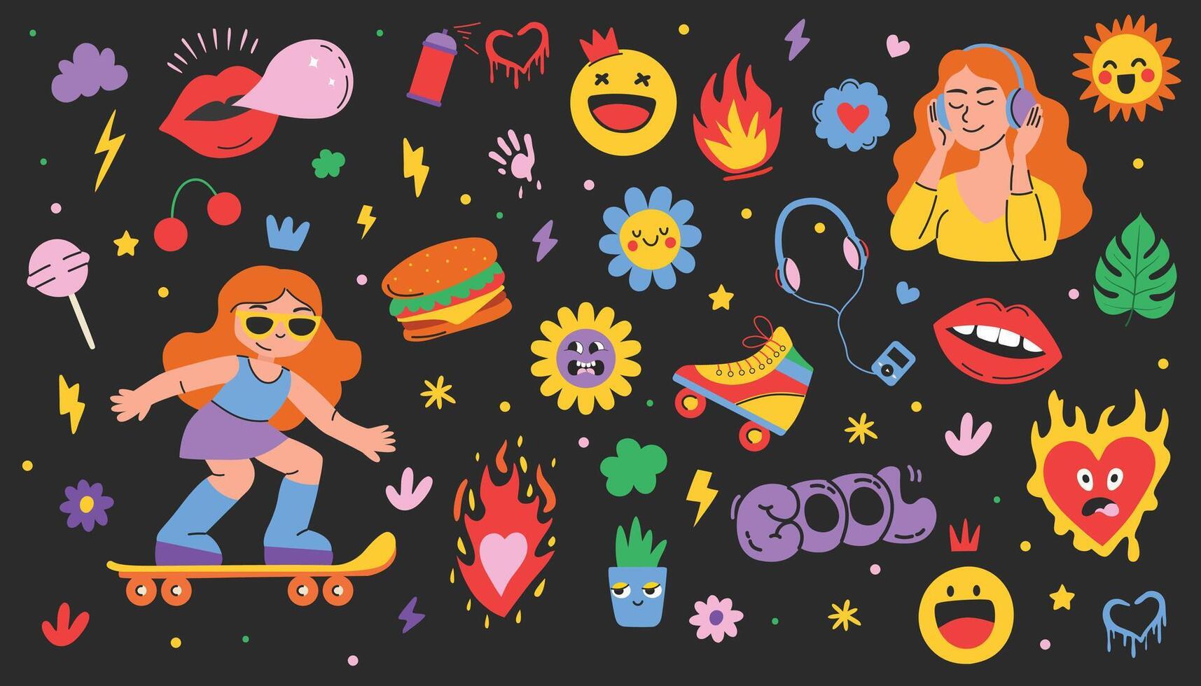 set of stickers and icons on the theme of children's entertainment. Retro skater stickers in 90s cartoon style. vector