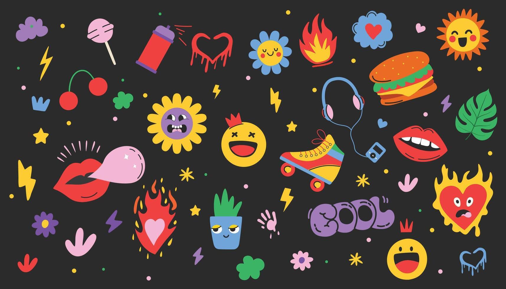Funny doodle icons. Set of groovy abstract stickers. Roller skates, headphones, hearts, fire, waves, vibe. Nostalgia shapes vector