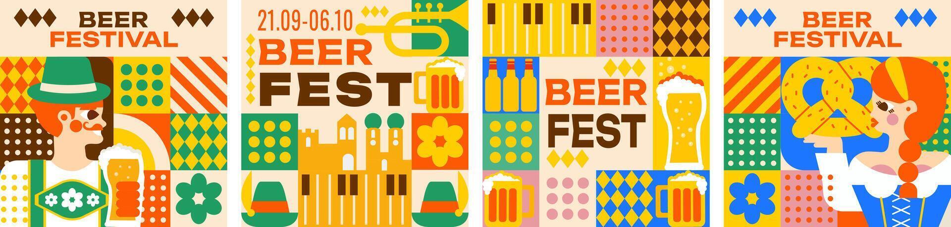 Octoberfest mosaic flat design. National flavor, pretzels, musical instruments, beer mugs, festive atmosphere and lots of beer. Set of editable templates for social media, event flyers, invitation vector