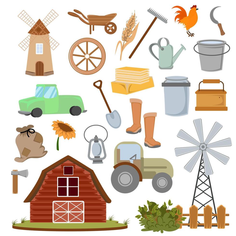 Farm Equipment Icons Illustration in Flat Style vector