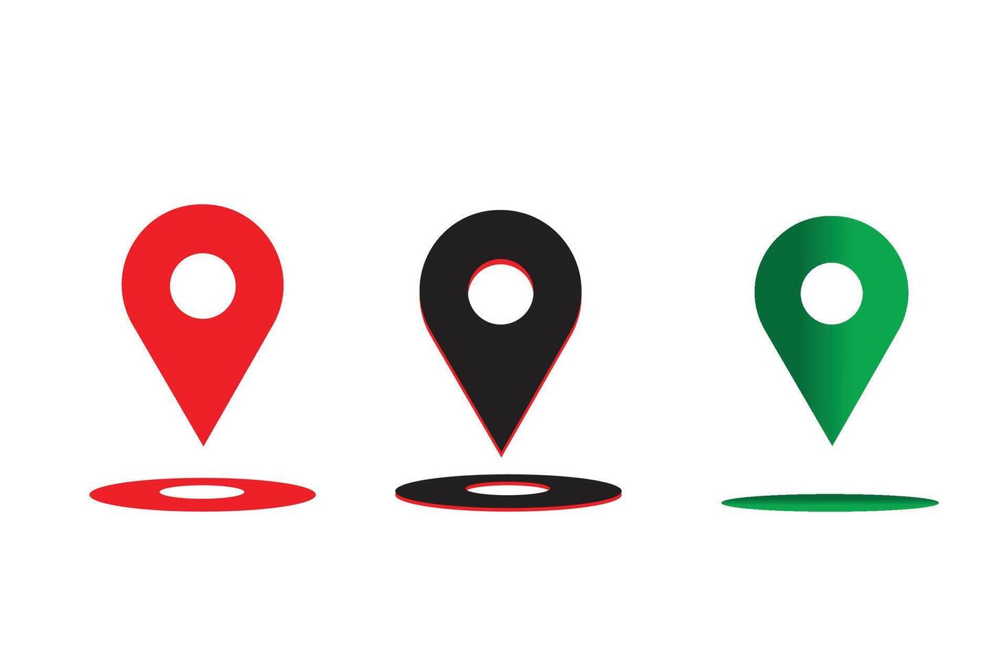 Three different location markers are shown in different colors vector