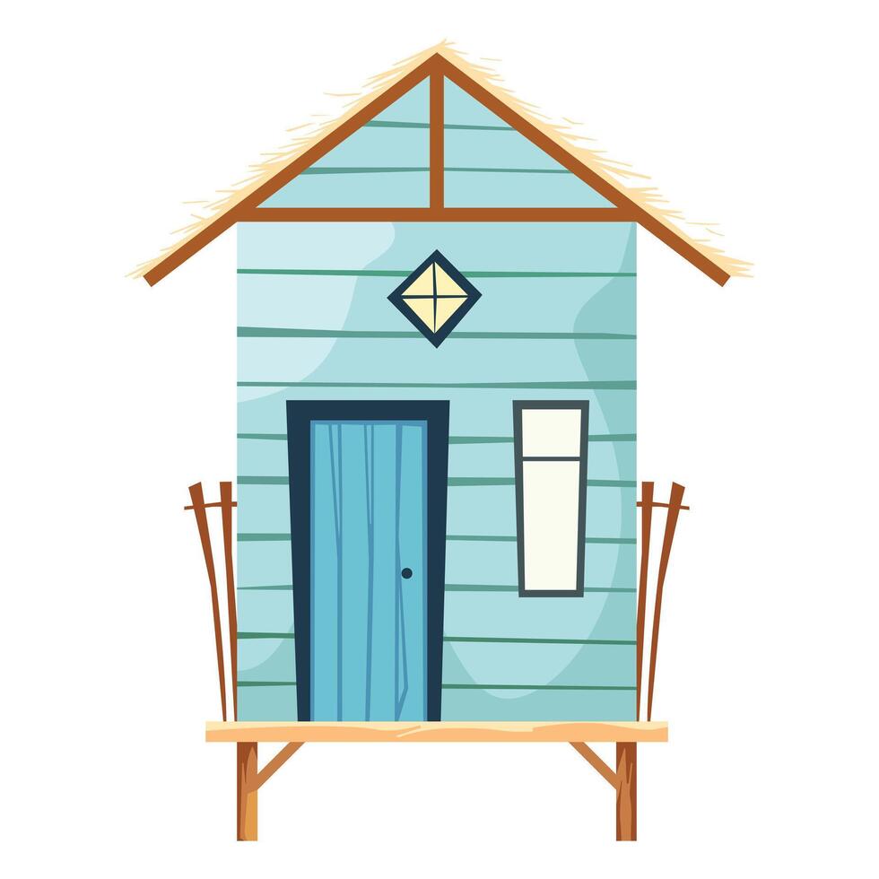 Colorful cartoon beach house with blue wooden walls and thatched roof. Cute tiny house facade illustration vector