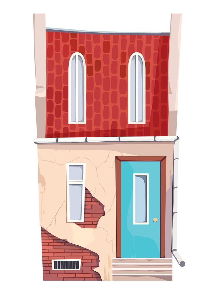 Old town house facade - detailed cartoon illustration. Old building with brick wall and tall roof. Hand painted art for post cards, game assets, concept and architecture design vector