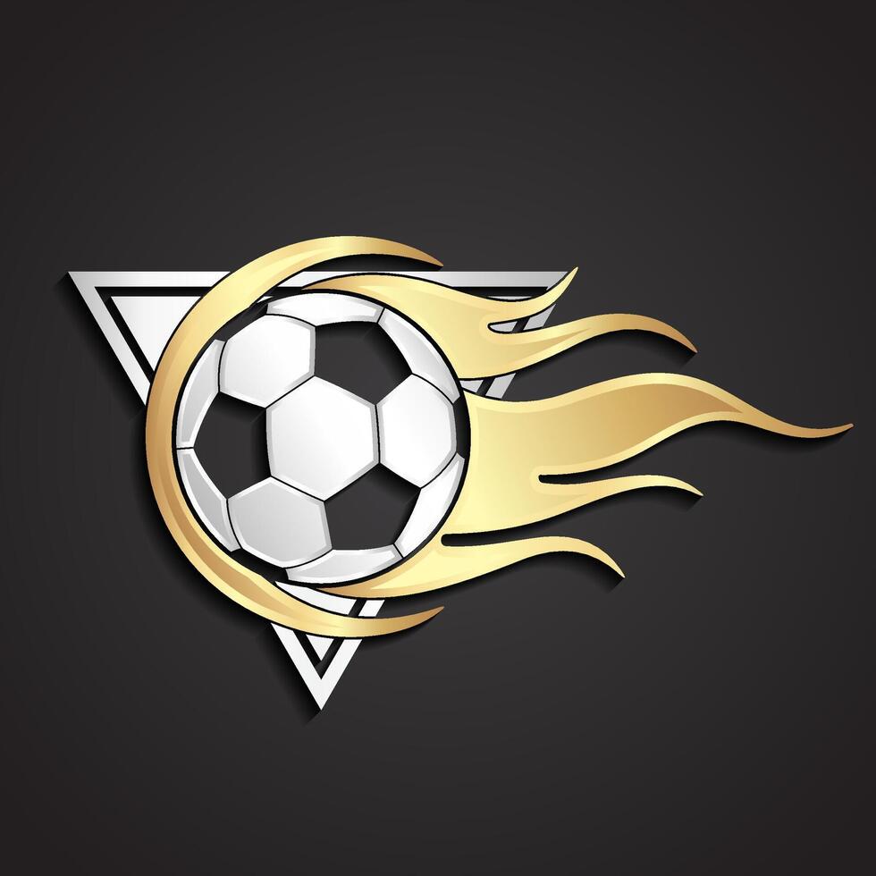 football ball with flames on triangle 3d gold silver logo vector