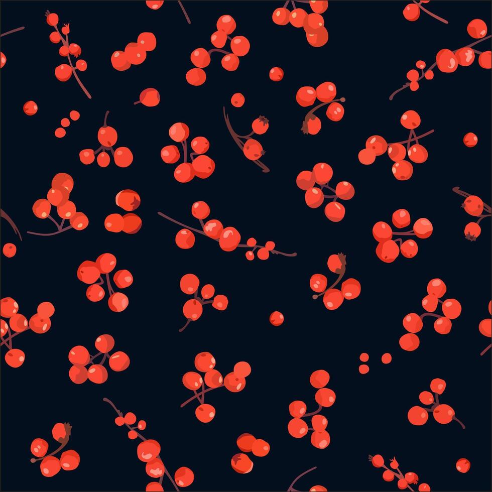 seamless pattern with bright rowan berries on black background vector