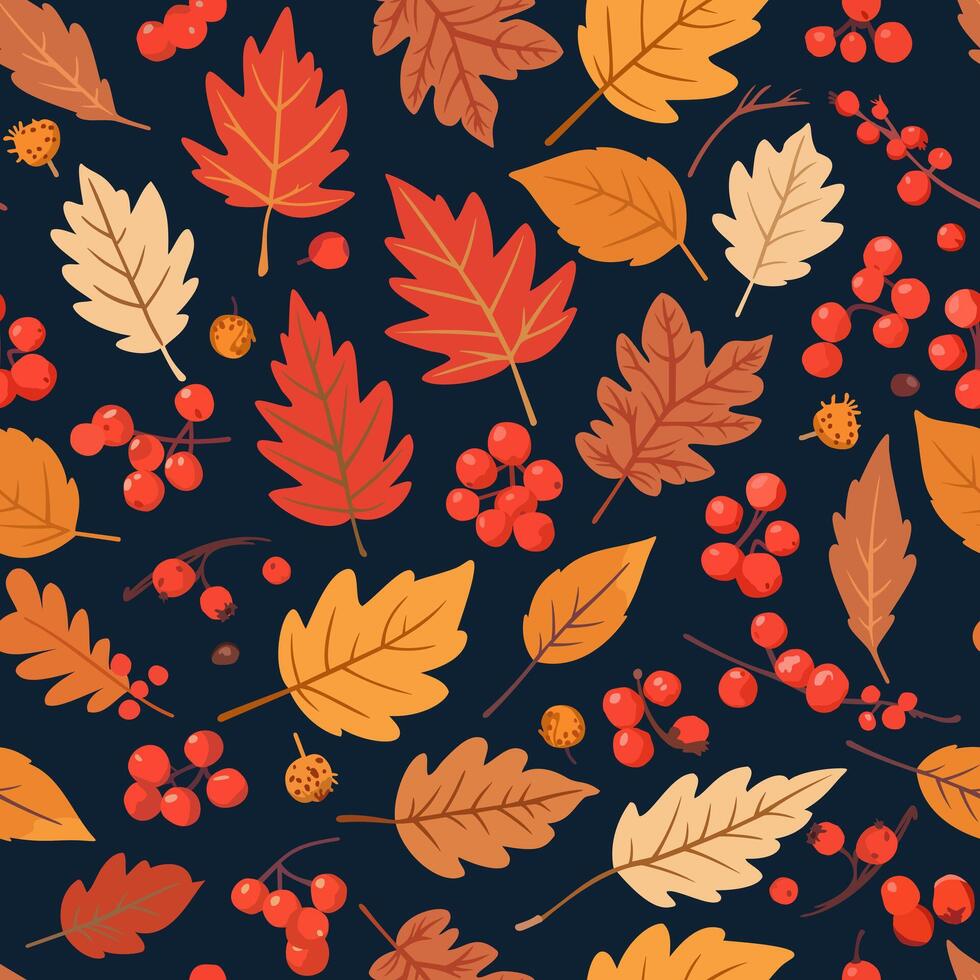 seamless pattern with bright autumn leaves and berries on dark blue background. vector
