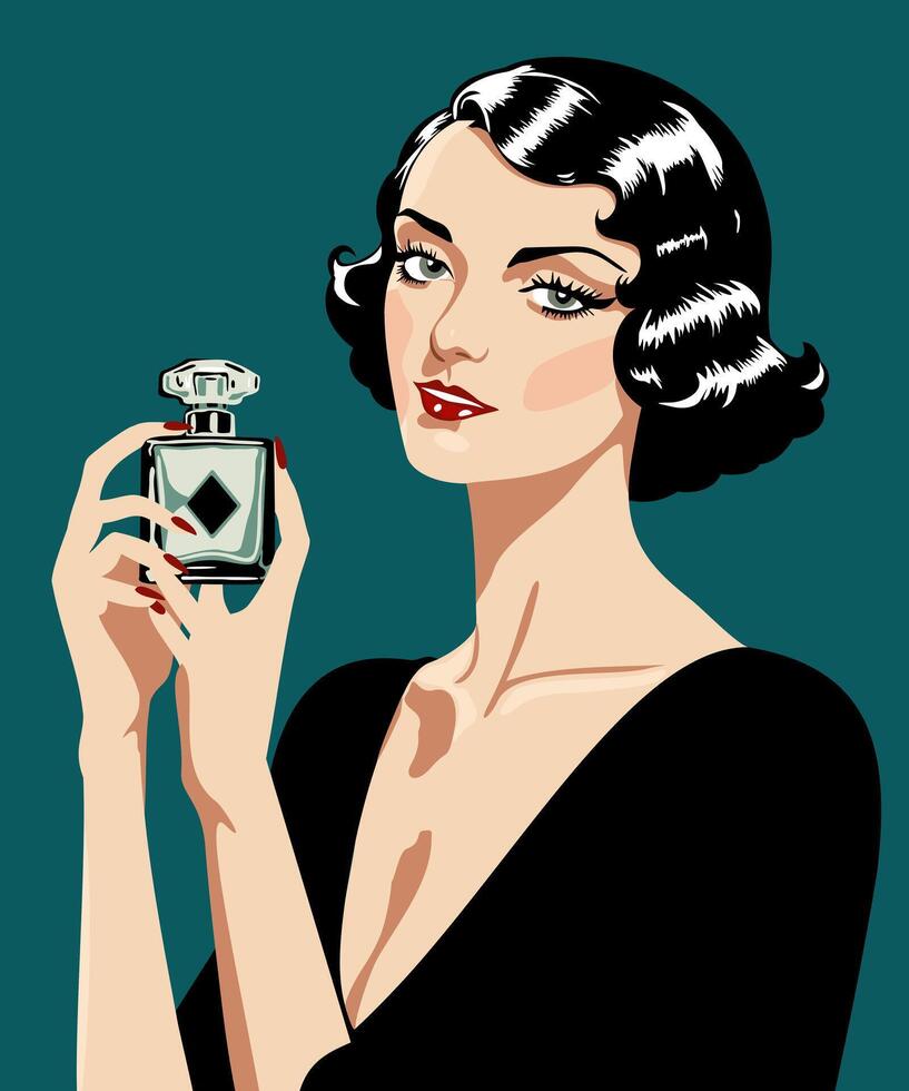 retro illustration of young woman with bottle of perfume in art deco style vector