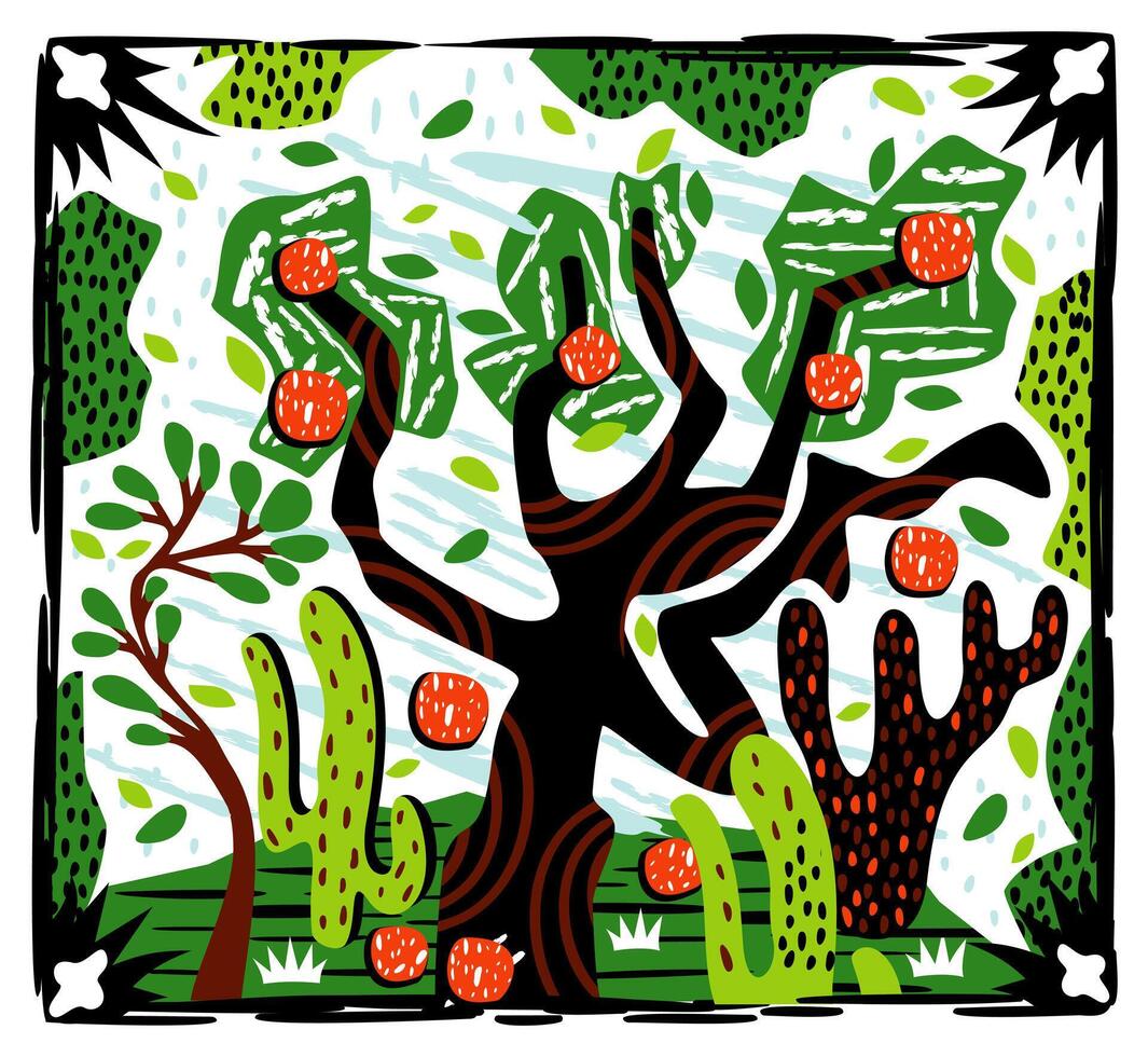 Brazilian northeast cordel illustration. Bright landscape with cacti and exotic blooming tree vector