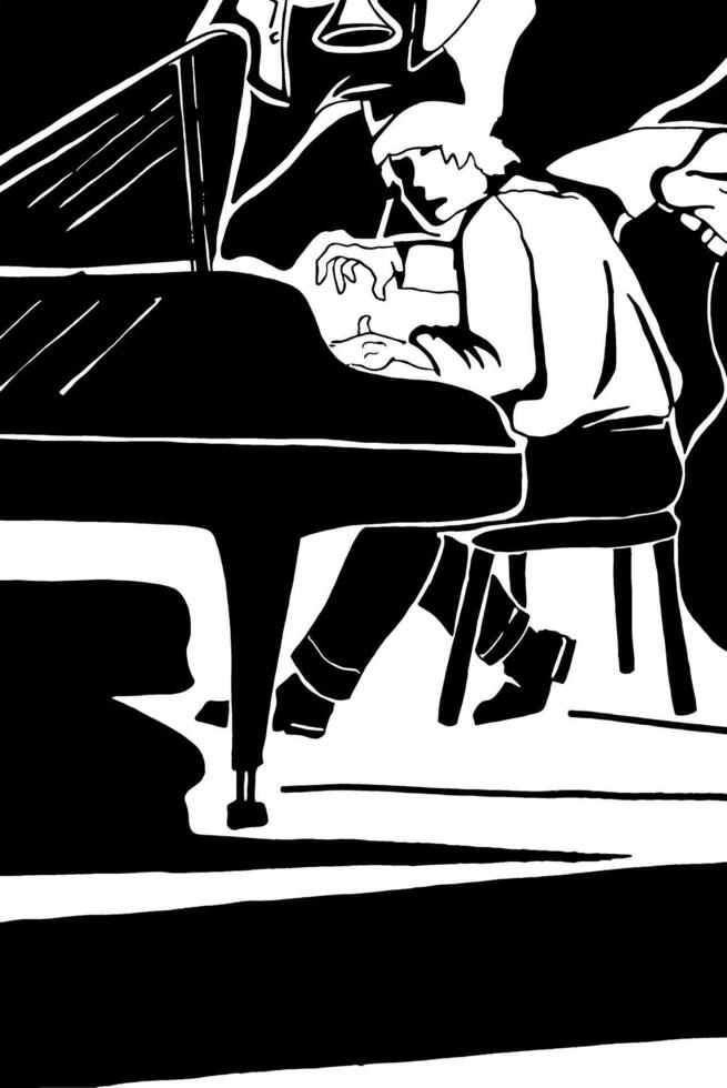 Black and white drawing that represents a pianist in the midst of his performance vector