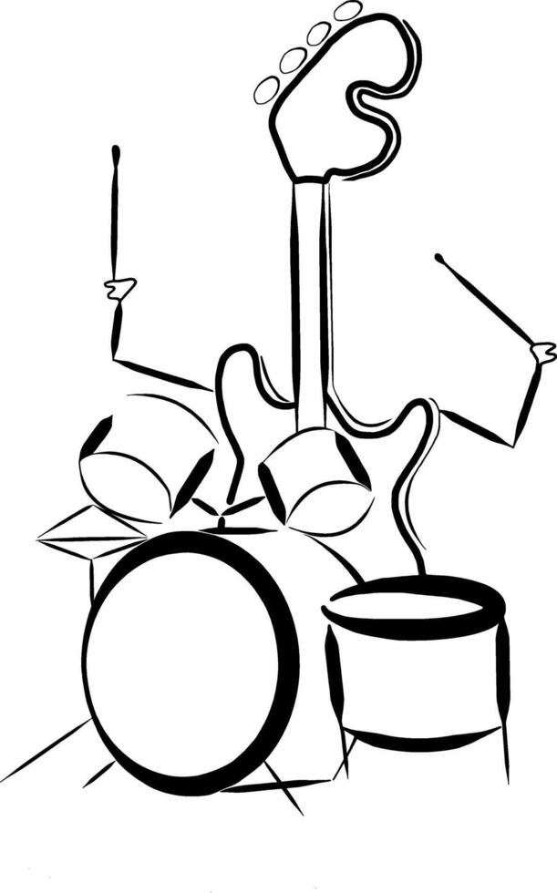 Digital freehand drawing in black and white representing an electric bass playing a drums vector