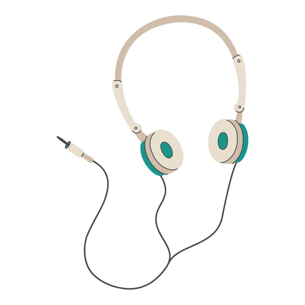 Wired headphones. Retro style music device in simple colored doodle style. Nostalgic audio equipment. Flat design illustration isolated on transparent background. vector