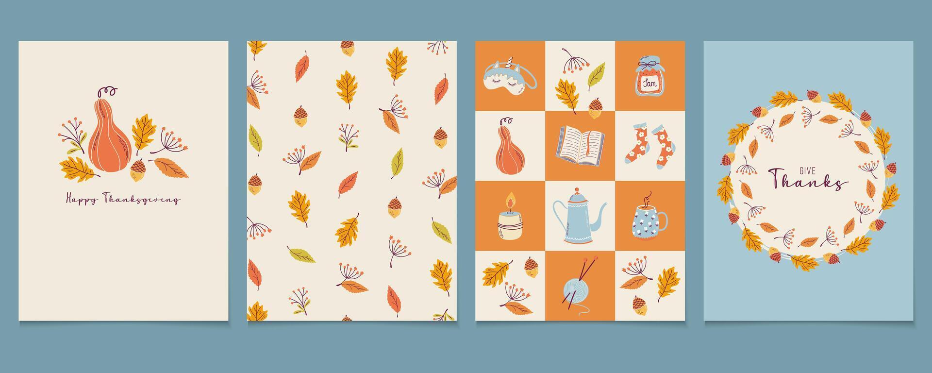 Thanksgiving card set. Autumn artistic templates for greeting cards, posters, stories. Retro style fall holiday backgrounds. Flat design hand drawn illustrations. vector
