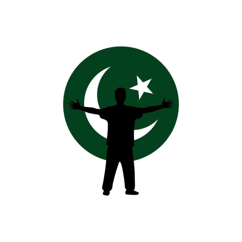 Pakistani Students stands with wide open hands palm extended and pakistan flag background. vector