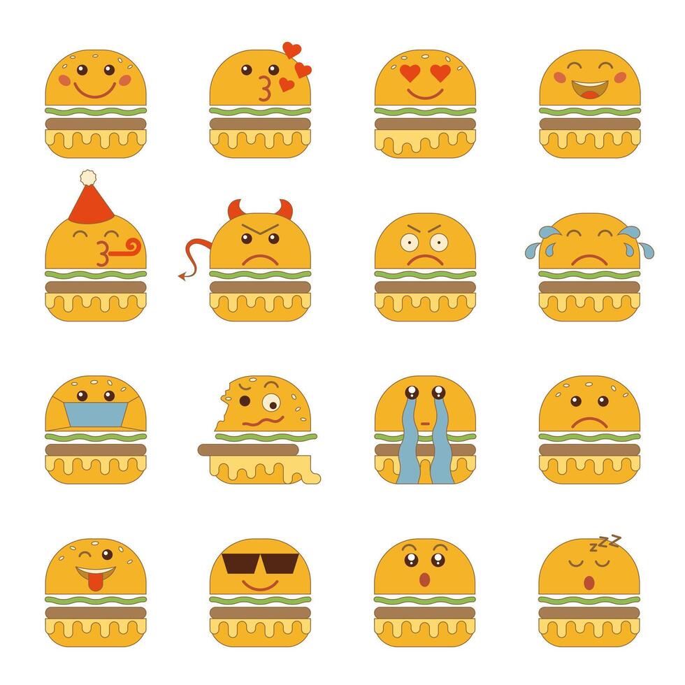 Hamburger emoji set. Flat vintage cartoon retro style. For scrapbooking design, notepads, stickers, textiles, flyers. Illustration on white background. vector