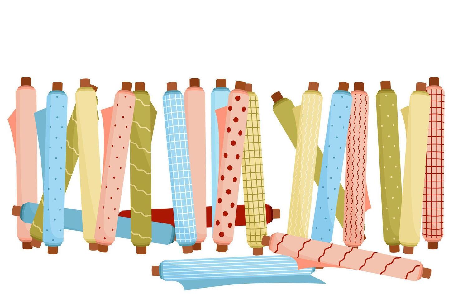 Colorful illustration. Many rolls of fabric of different, pleasant colors. Ideal for decoration of postcards, business cards, flyers, banners, albums, atelier websites. vector