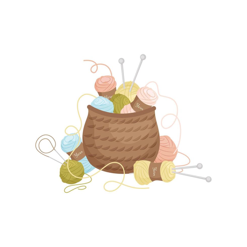 A basket full of skeins of yarn for knitting. Handmade and hobby concept. Illustration on white background. vector