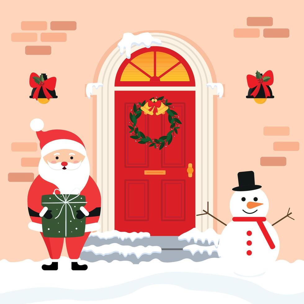 Christmas Red Doors with Christmas Wreath, Garland and Santa and Snowman With Snow. Graphics in Cartoon Style vector