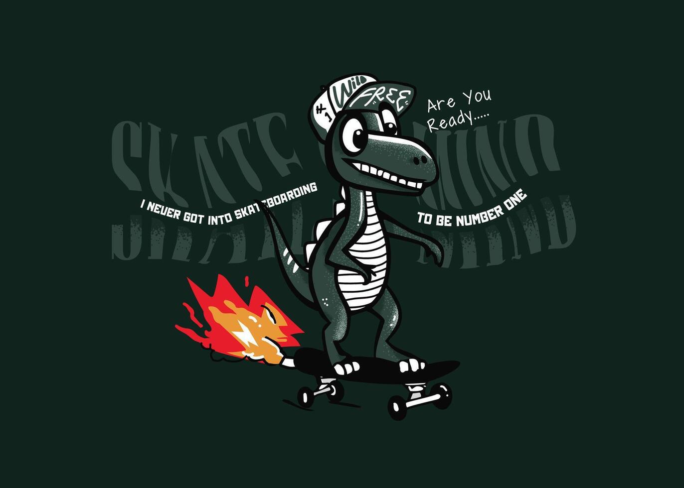 A fun and quirky illustration of a dinosaur riding a skateboard with flames shooting from the board vector