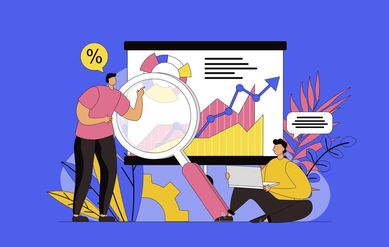 Big data analysis concept with modern flat design for web. Men analyzing statistics, researches graphs and databases, making reports in teamwork, planning and optimizating work. illustration. vector