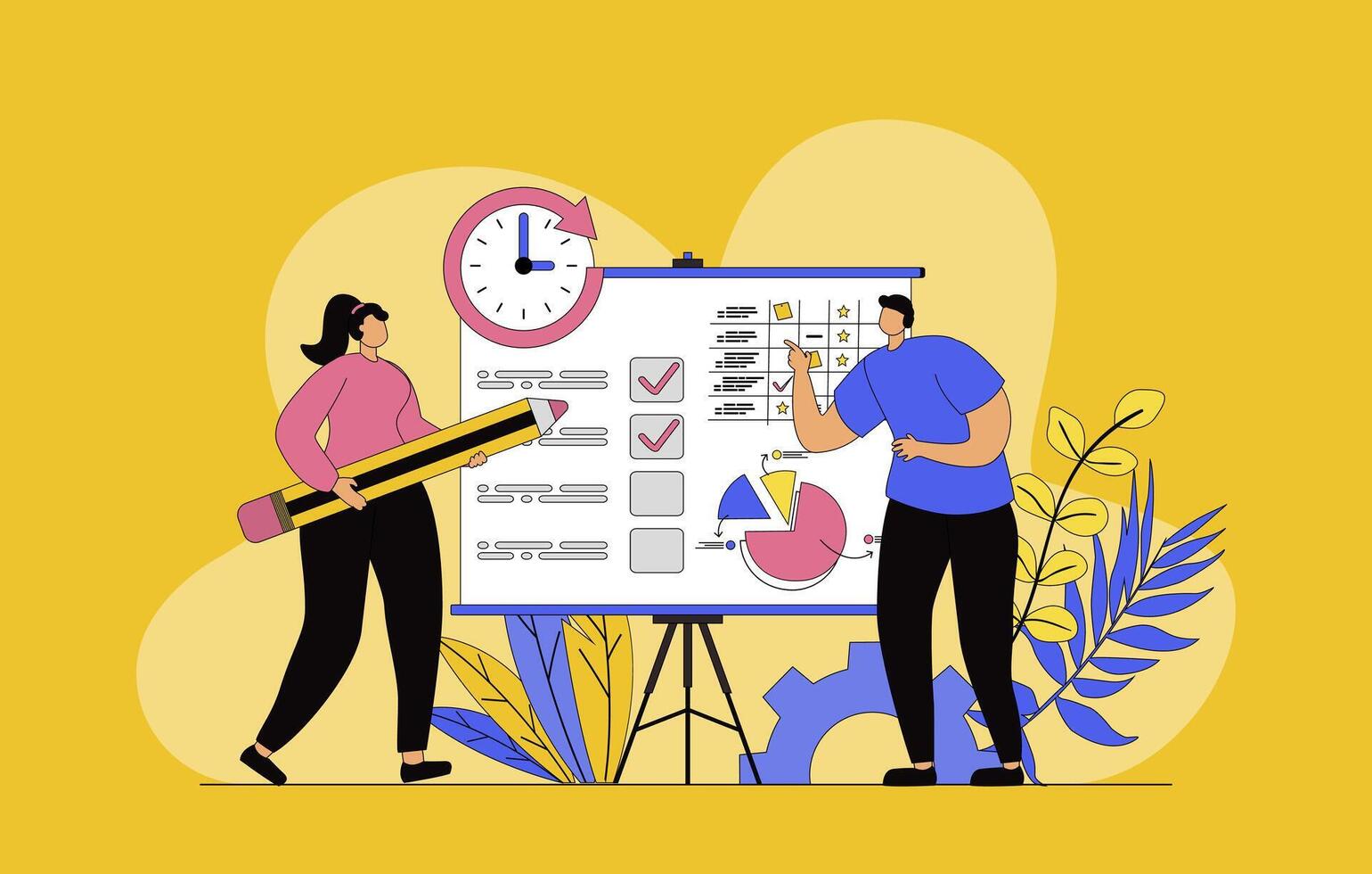 Planning concept with modern flat design for web. Woman and man organizing workflow and creating list of tasks, marking dates on calendar, using time management tools for work. illustration. vector