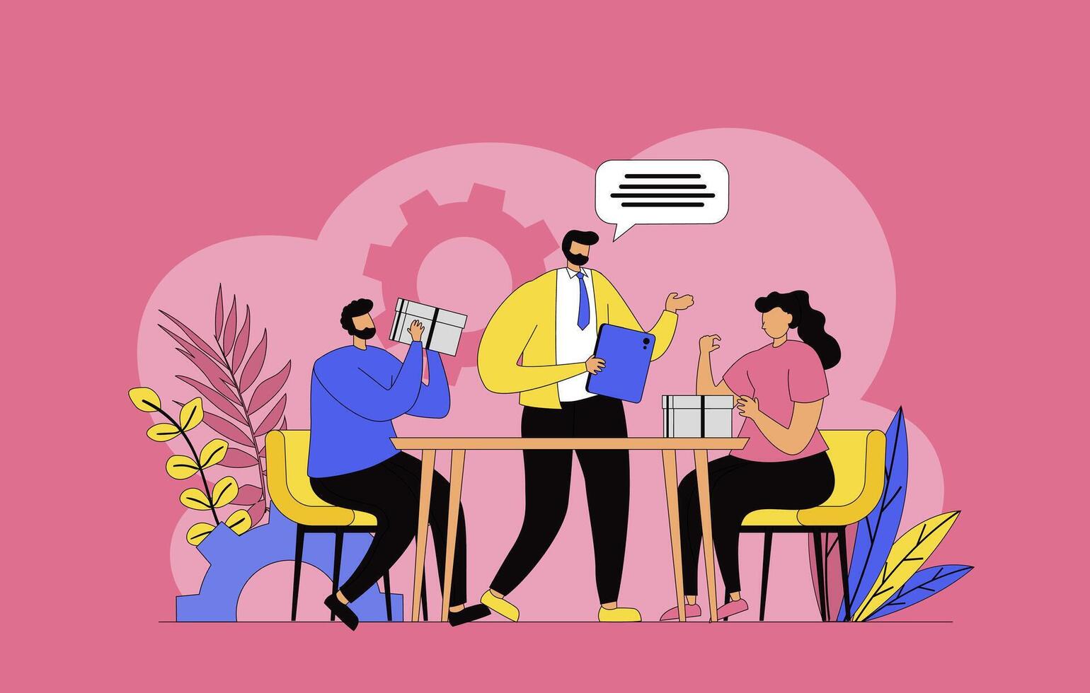 Focus group concept with modern flat design for web. Colleagues doing market research and studying buyers, discussing at meeting, doing consumer interview with product feedback. illustration. vector