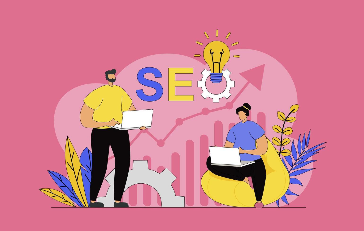 Seo optimization concept with modern flat design for web. Man and woman making search settings and analyzing site data, changes position of site in ranking, selecting keywords. illustration. vector