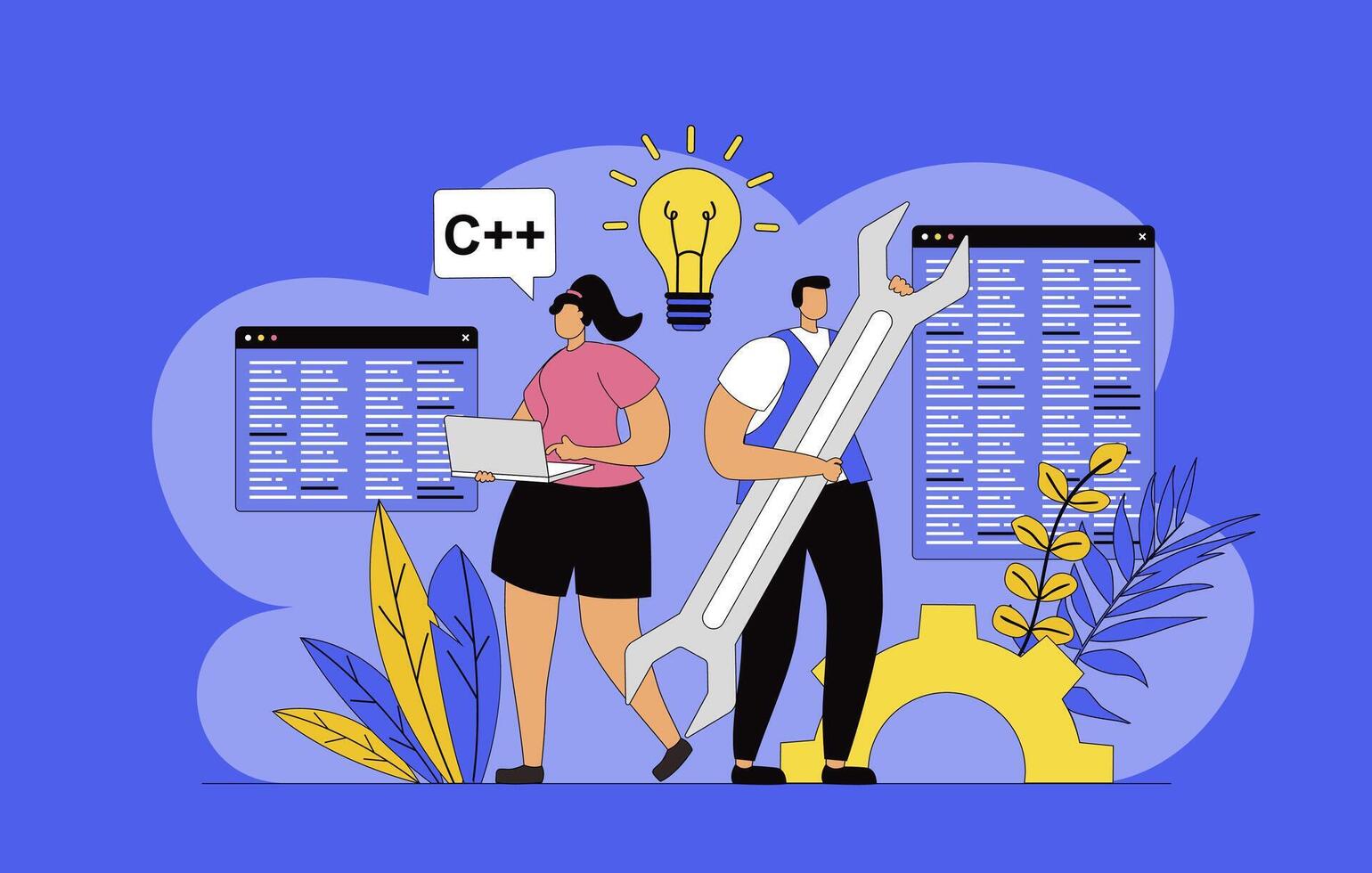 Developers team concept with modern flat design for web. Man and woman developing application site interface, programming and coding at screens, engineering and brainstorming. illustration. vector