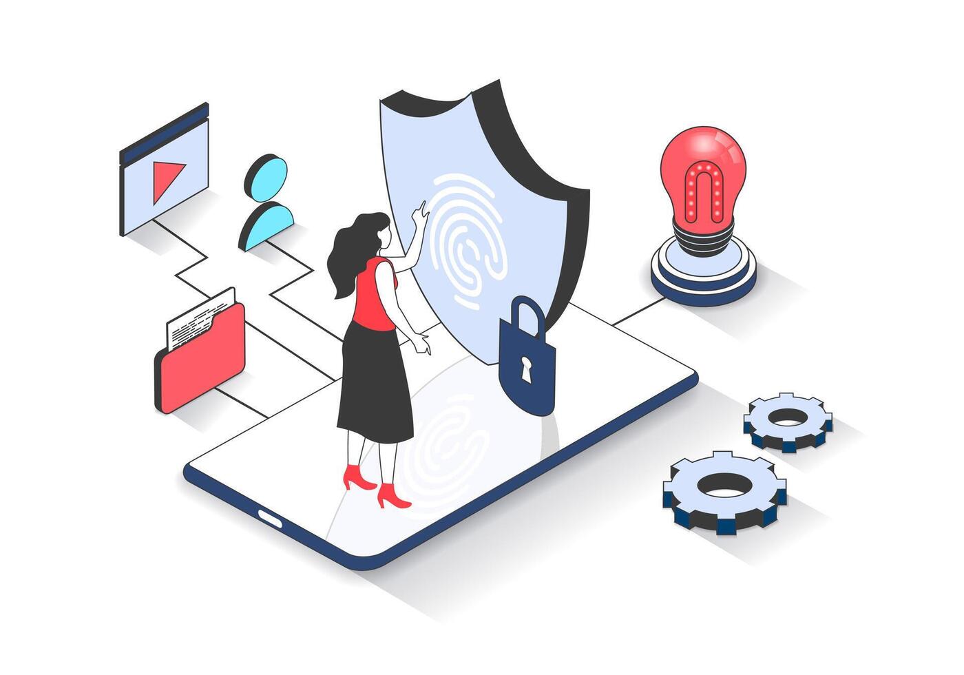 Cyber security 3d isometric concept with isometry people design for web. Woman using secure protection with fingerprint identity and password for access in mobile phone apps. illustration. vector
