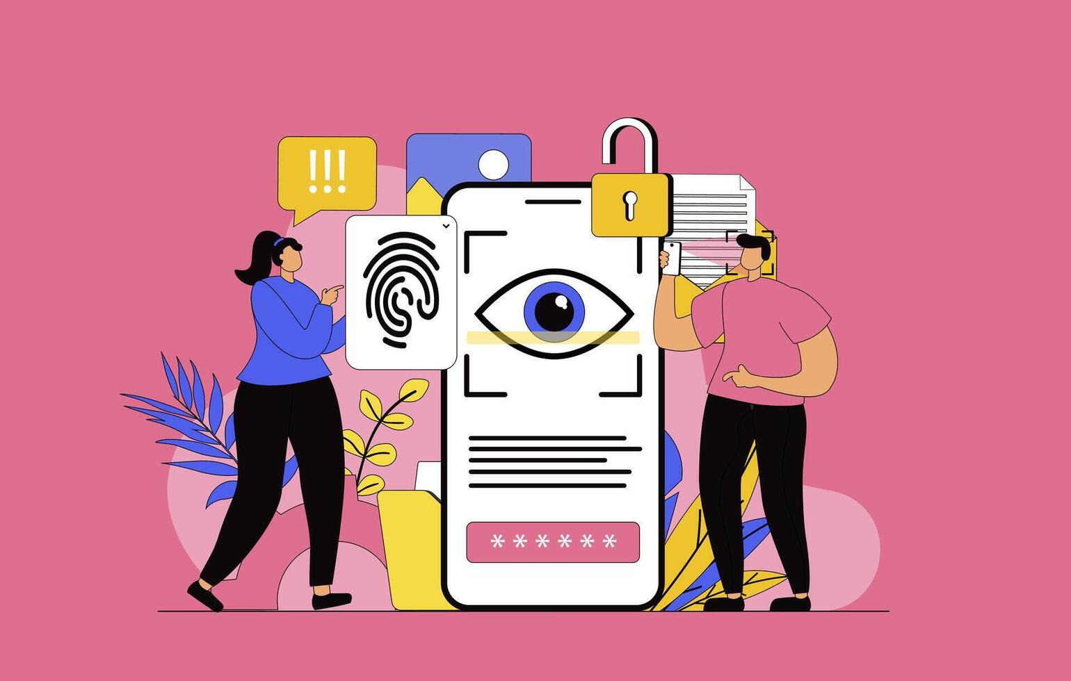 Biometric access control concept with modern flat design for web. Woman and man unlocking mobile phone using fingerprint scanner and eye recognition. Personal data protection. illustration. vector