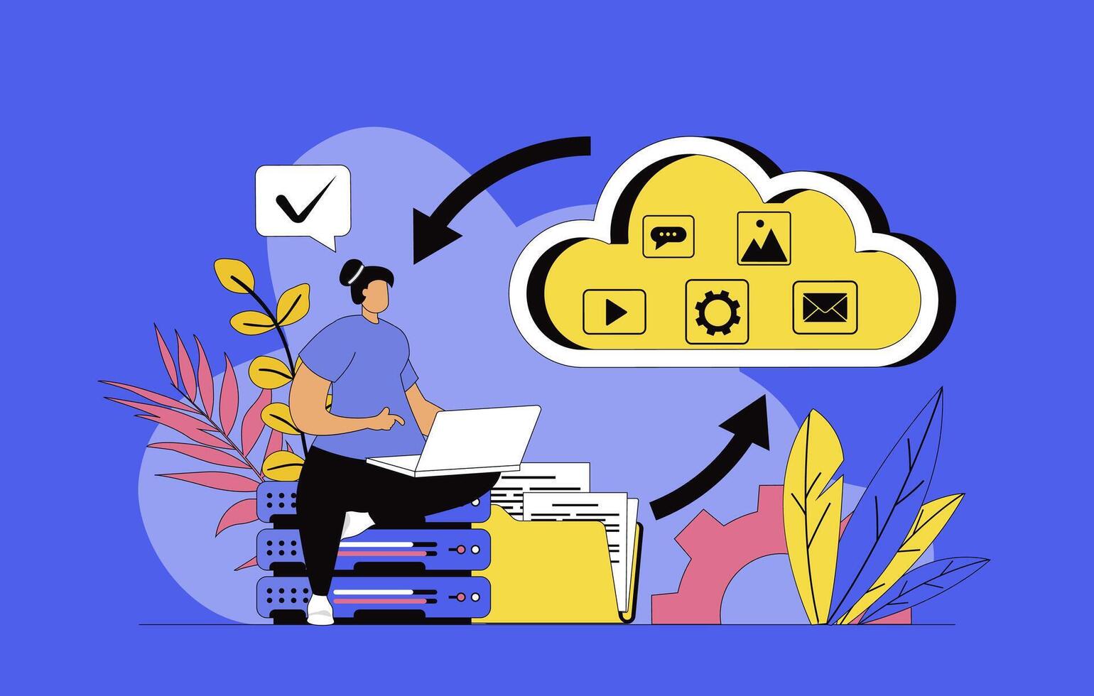 Cloud storage concept with modern flat design for web. Woman transfers content and files to cloud, creating data backup and opens access to users, managing digital files online. illustration. vector