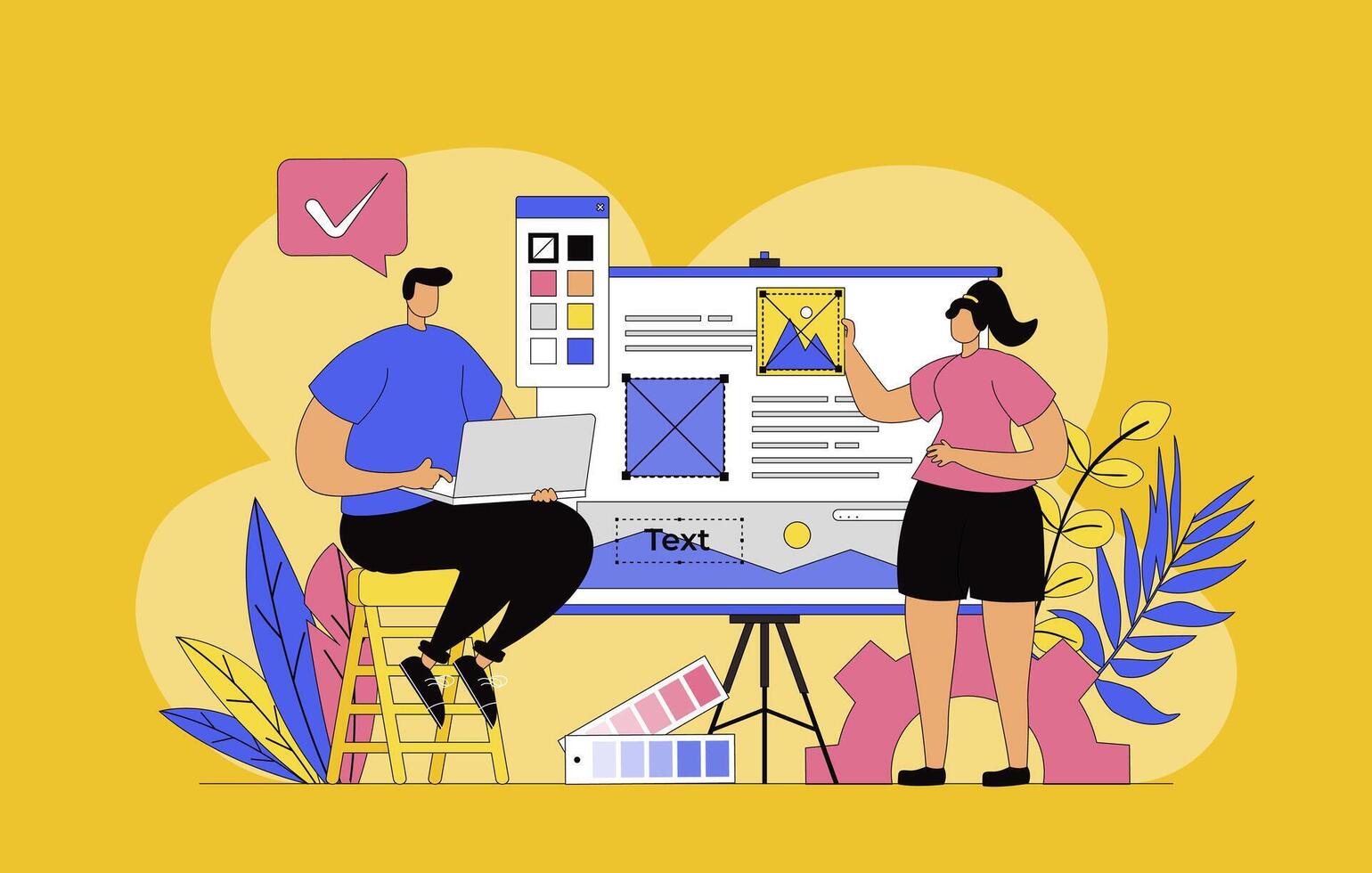 Designers agency concept with modern flat design for web. Man and woman working on creative project, making graphics content and site layout elements, optimizating visual page. illustration. vector