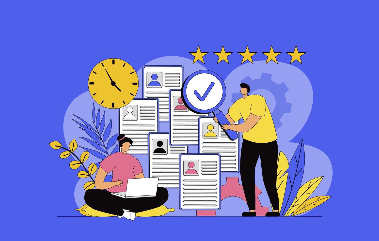 HR process concept with modern flat design for web. Woman and man choosing resume of best candidate for interview for open vacancy in office, finiding online staff applications. illustration. vector