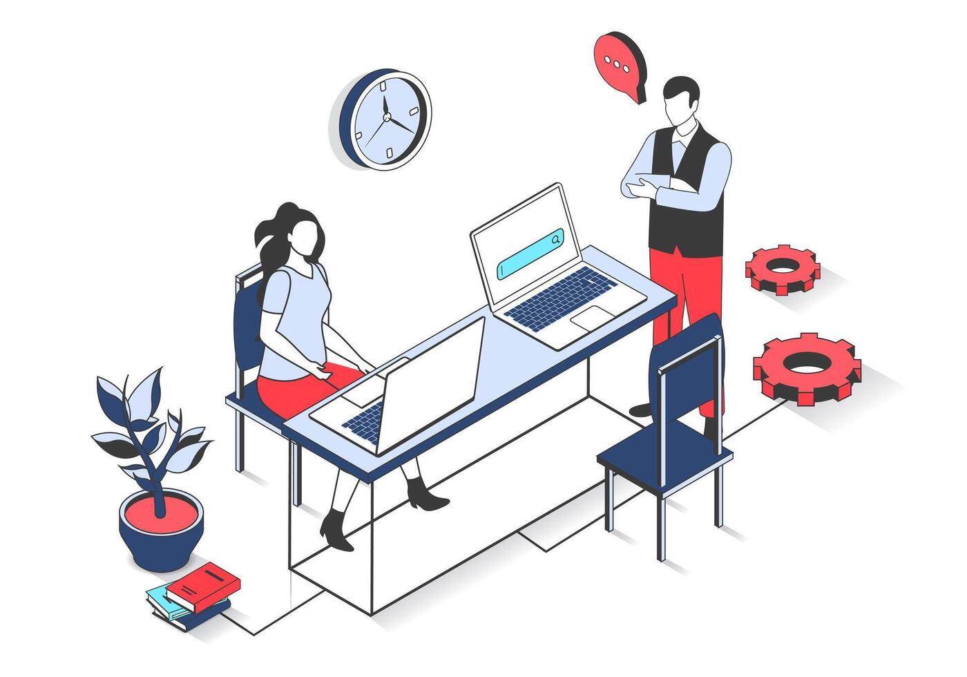 Coworking space 3d isometric concept with isometry people design for web. Woman and man working at laptops in open office, brainstorming, discussing task, doing project in team. illustration. vector