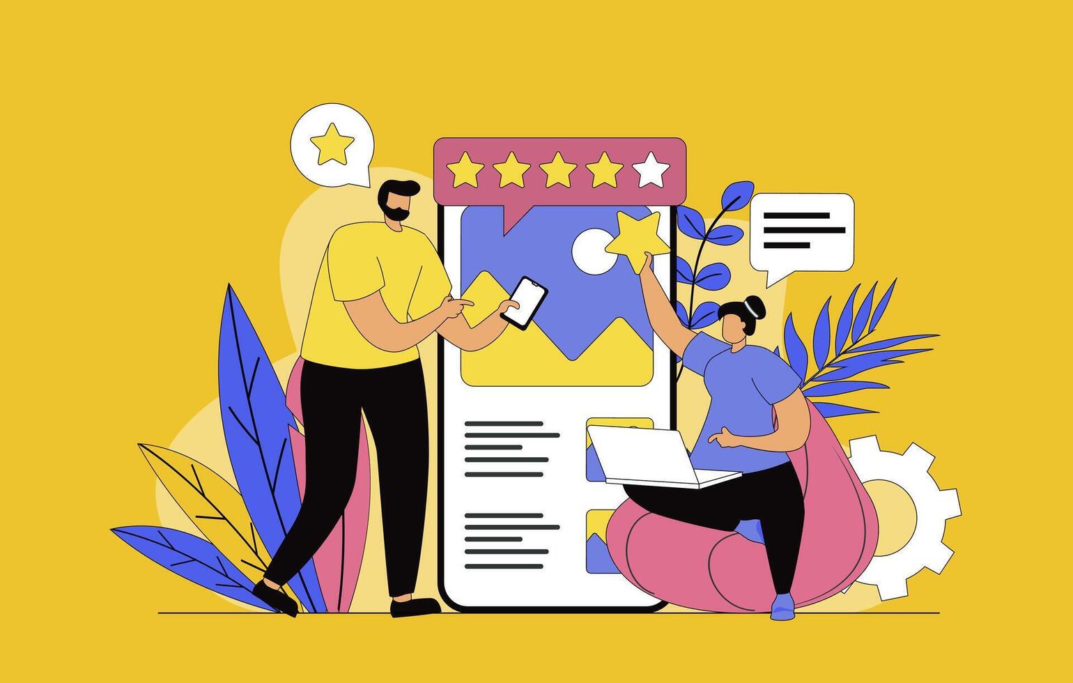 Best feedback concept with modern flat design for web. Man and woman writing comments about customer experience and leaving high rating stars and likes in mobile application. illustration. vector