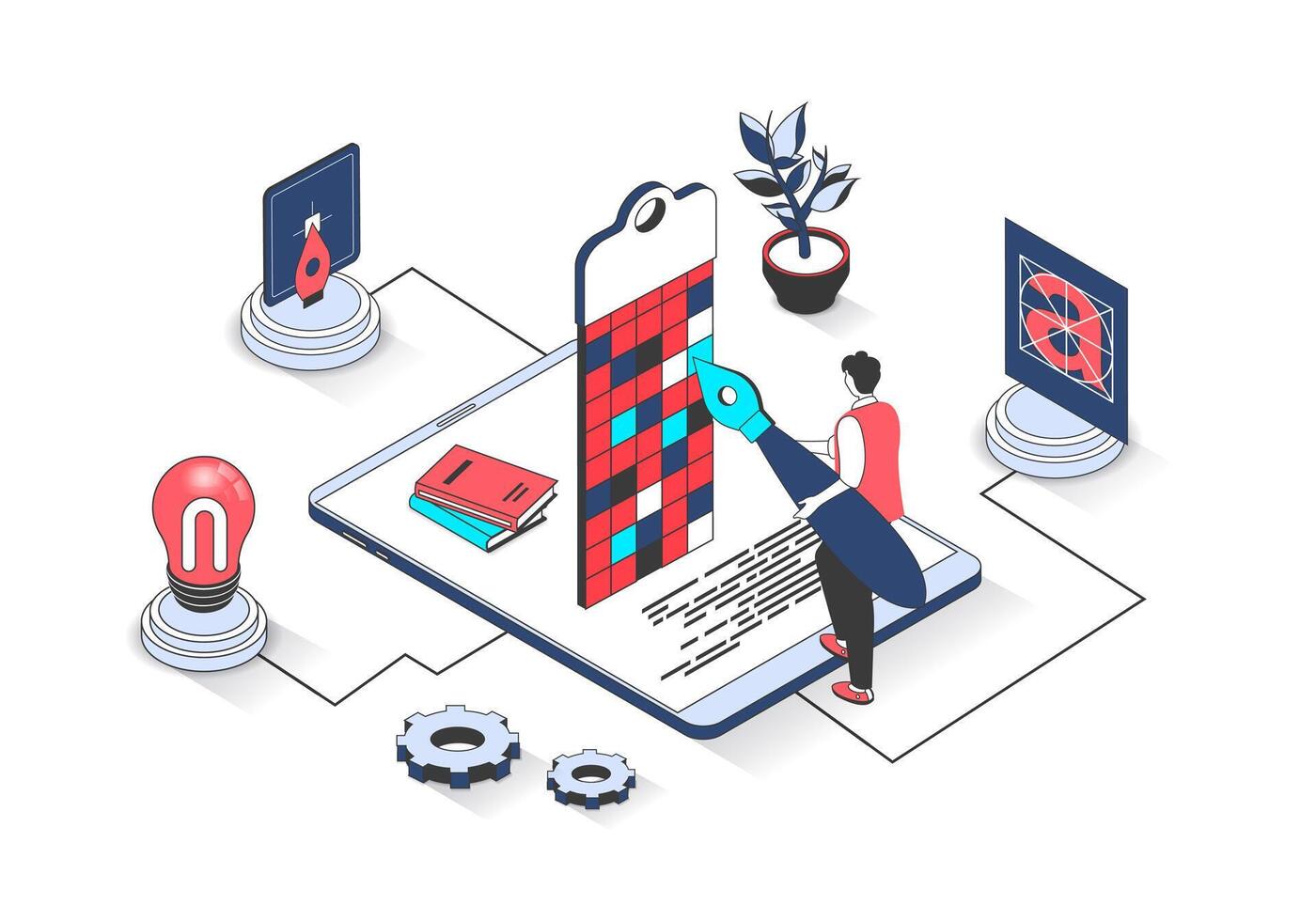 Designer studio 3d isometric concept with isometry people design for web. Man drawing graphic elements, creting mobile application interface layout, making project at screen. illustration. vector