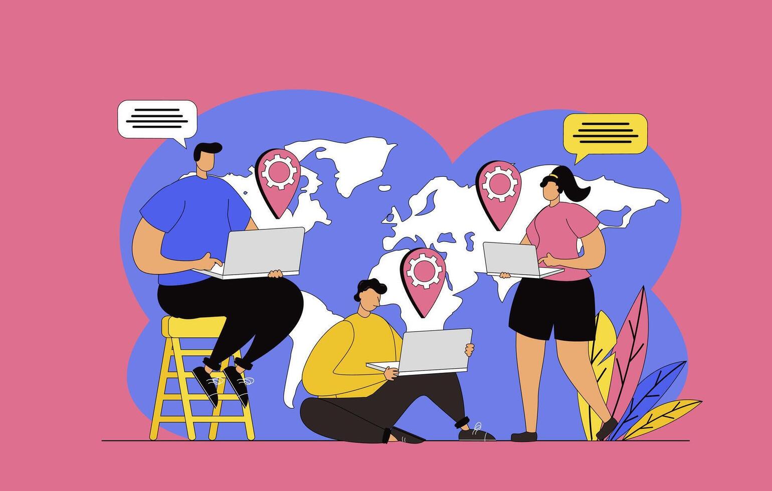 Outsourcing company concept with modern flat design for web. Employees working remotely in team, freelancers team doing tasks at laptops online, cooperating and networking. illustration. vector