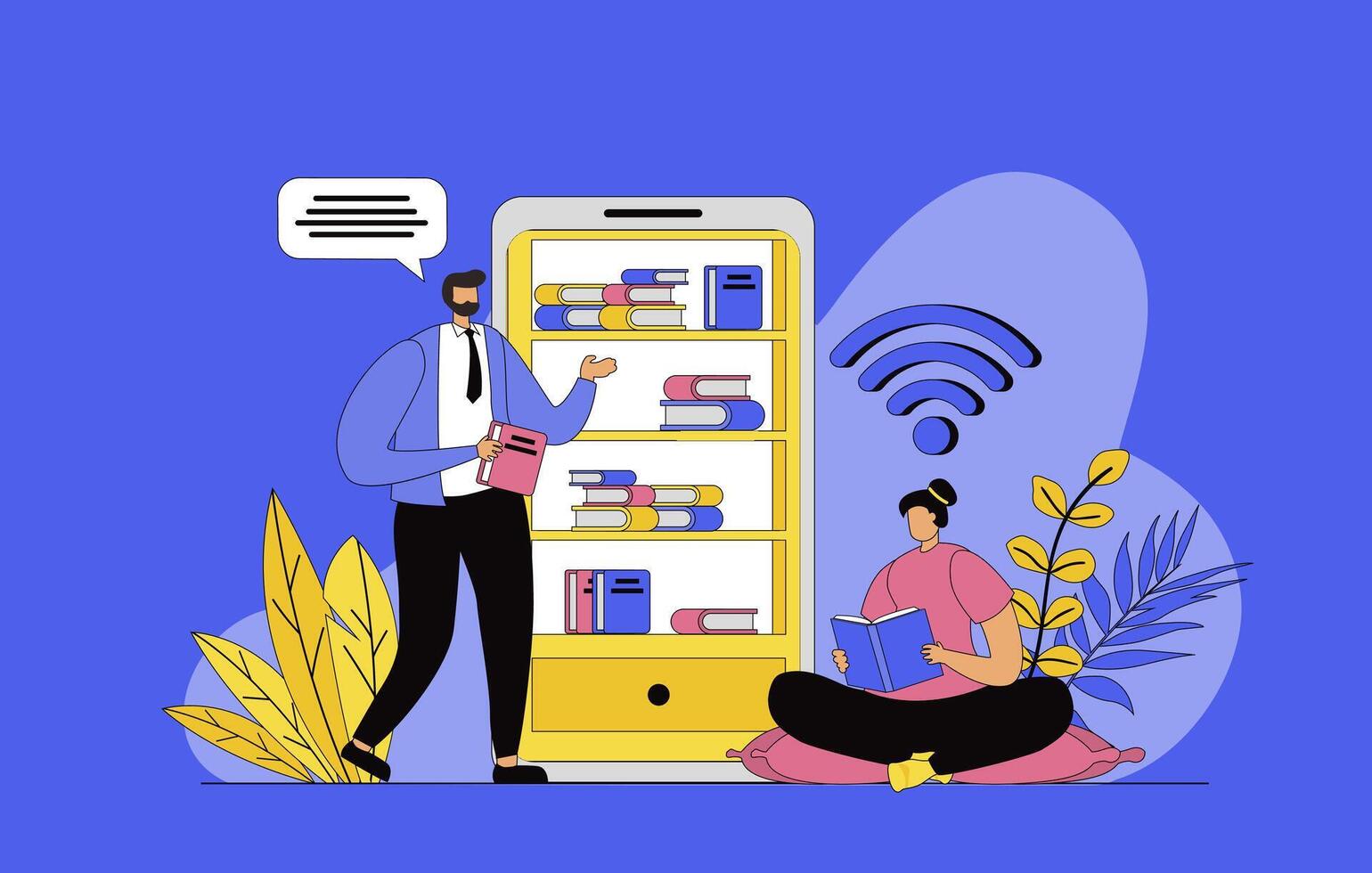 Online library concept with modern flat design for web. Man and woman reading e-books, storing digital books in cloud storage and mobile app, buying textbooks in online bookstore. illustration. vector