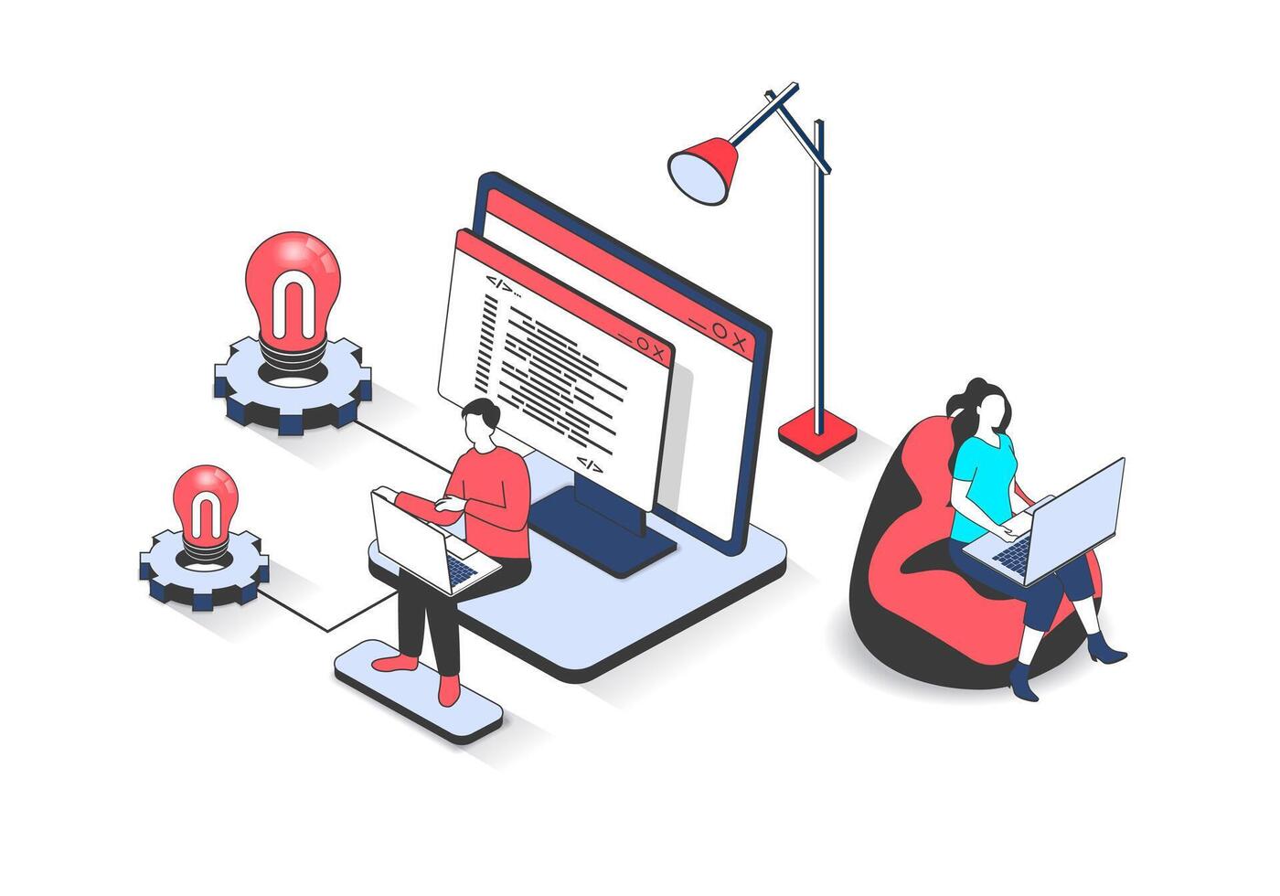Software programming 3d isometric concept with isometry people design for web. Man and woman creating code at screens for new apps and programs, designer team working at laptops. illustration. vector