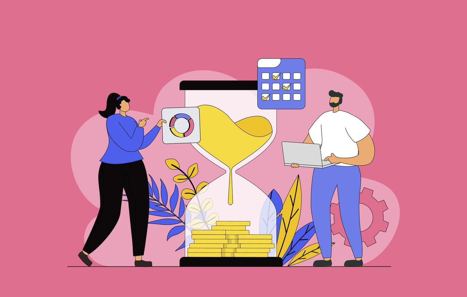 Time management concept with modern flat design for web. Man and woman using schedule with to-do lists, managing productivity process and making work efficiency optimization. illustration. vector