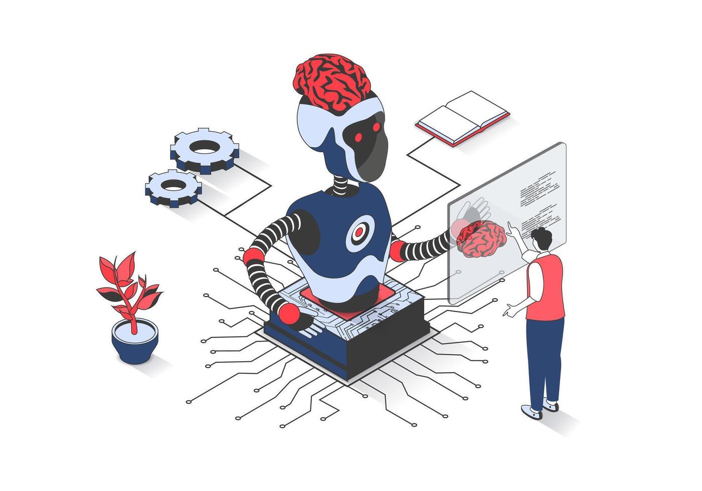 Artificial intelligence 3d isometric concept with isometry people design for web. Man programming robot brain, using AI servers and virtual chatbot, developing robotic technology. illustration. vector