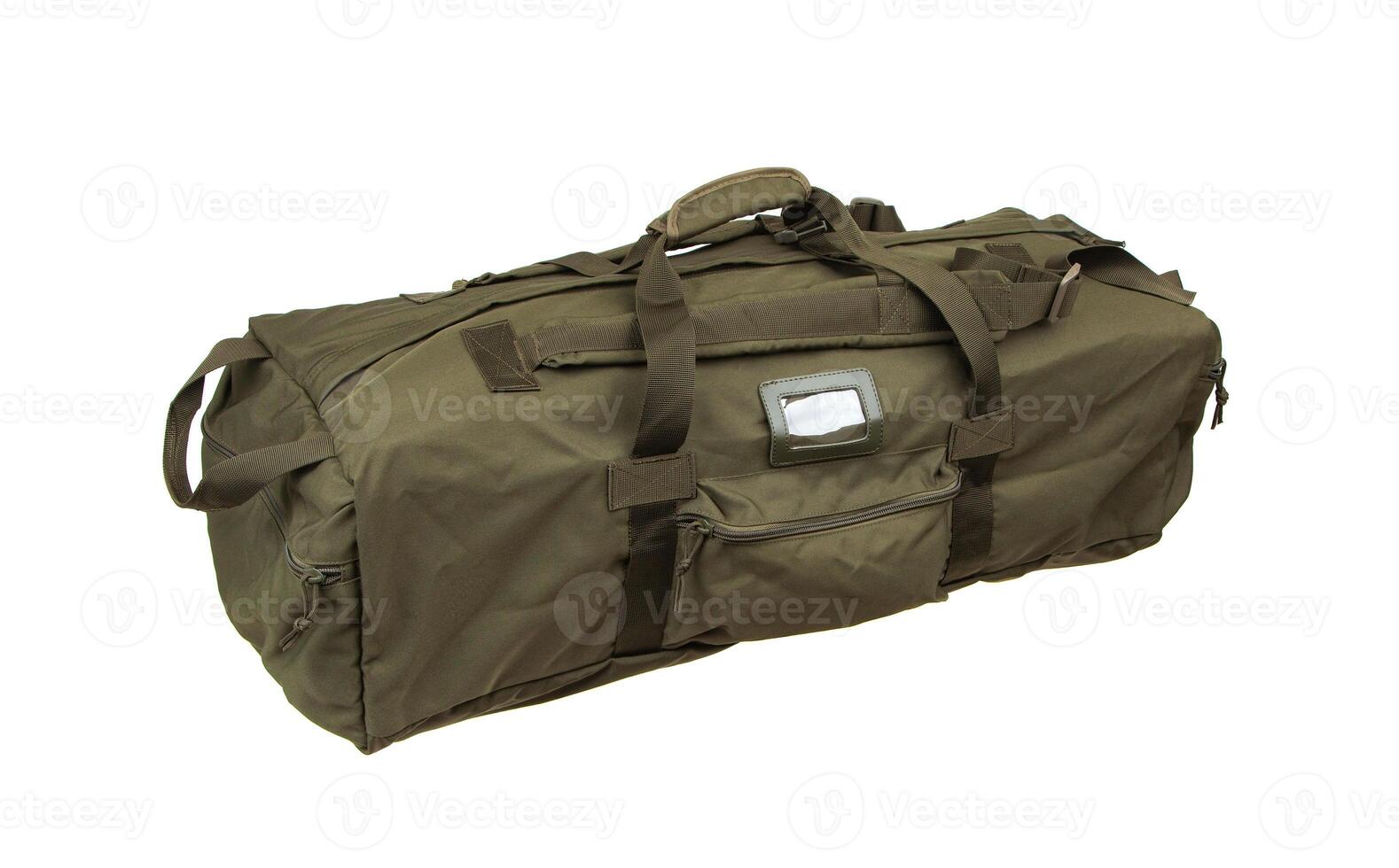 Green sport bag isolated on white background. Travel bag. Military bag, military backpack isolated on white back. photo