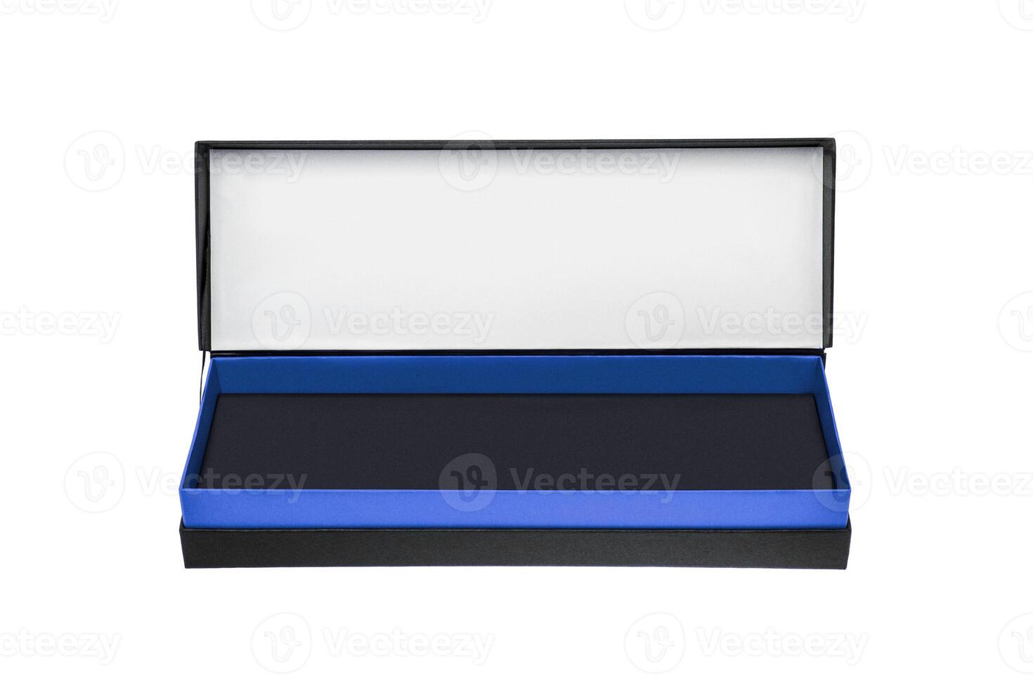 A small open black paper box with a blue stripe for a gift. Gift wrapping isolate on white background. photo