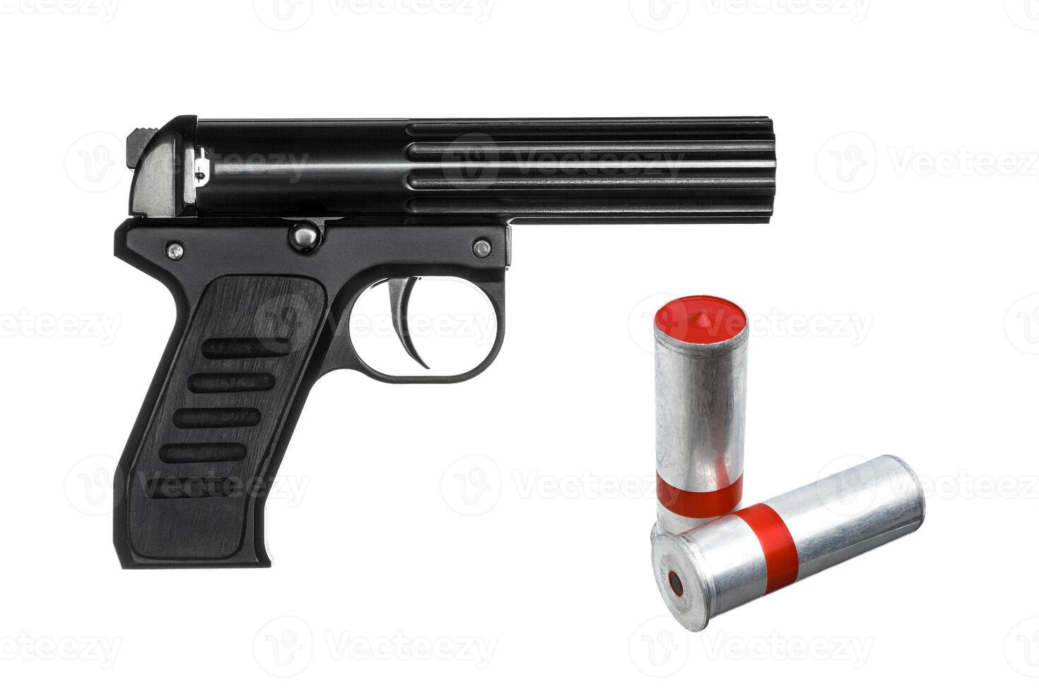 Black signal Flare gun and cartridges of a signal rocket isolated on white photo